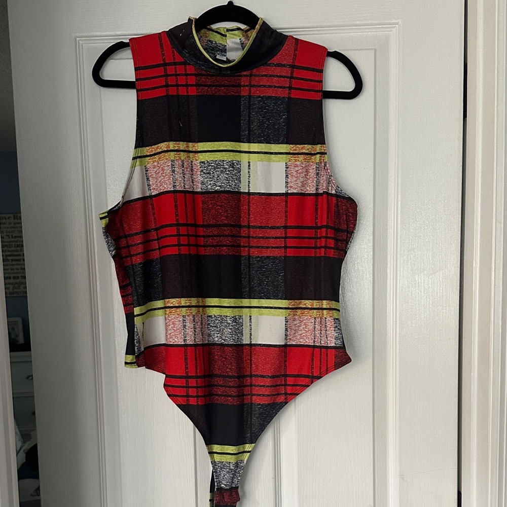 Bar III Red and Black Plaid Bodysuit